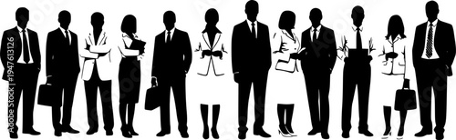 Vector silhouettes of men and a women, a group of standing business people, black and white color isolated on white background