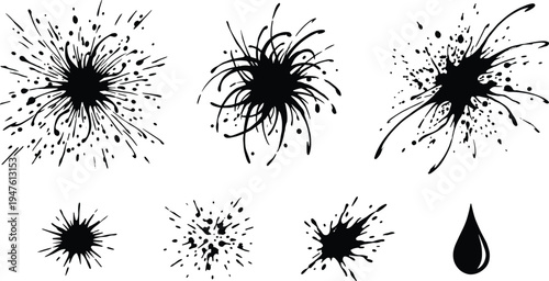 Ink splatter and paint splash silhouettes collection isolated on white background, grunge abstract liquid stains vector set for artistic design, texture and creative graphics