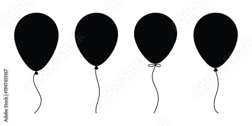 Black Balloons Silhouette with Strings, Vector Illustration Isolated on Clean Background Perfect for Celebration, Party Decorations, Event Invitations, and Creative Design Projects.
