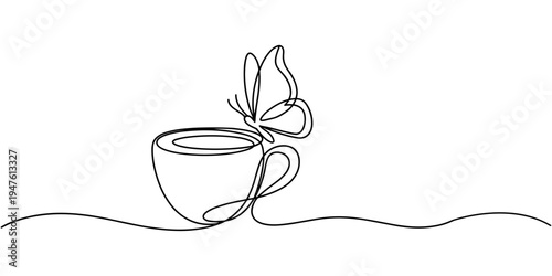 One continuous line drawing of cup coffee with butterfly. Minimalist silhouette concept breakfast for cafe menu and web banner in simple linear style. Vector illustration