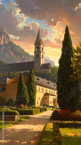 A serene monastery nestled between mountains and manicured gardens