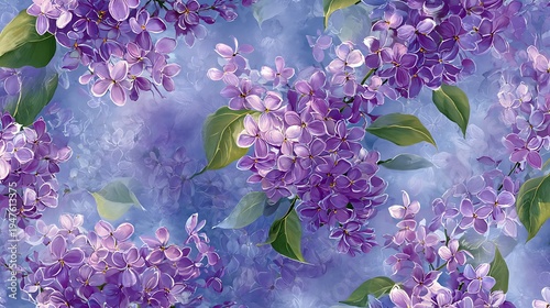 Lilac and purple flowers blooming in a garden during spring morning