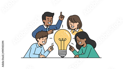 Creative Team Collaboration: Diverse Group Brainstorming Innovative Ideas with a Bright Lightbulb