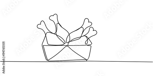 Fried crispy chicken legs, drumsticks in craft paper box vector one line continuous drawing, One continuous line draw hot delicious American fried chickens on basket restaurant logo emblem.