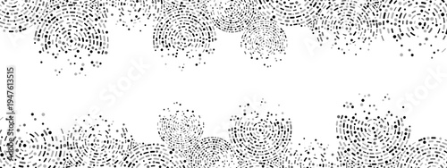 Abstract halftone background frame with geometric shapes. Circular design featuring dots, particles, molecules, fragments, dotted line. Ideal for technology, medicine, business presentations. Vector 