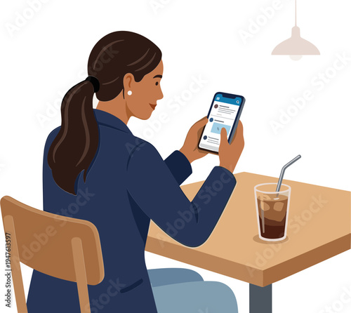 Woman sits at table, holding phone, with drink nearby indoors.