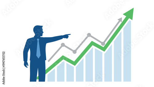 Executive pointing at an upward trend graph, representing business growth, financial success, and strategic leadership.