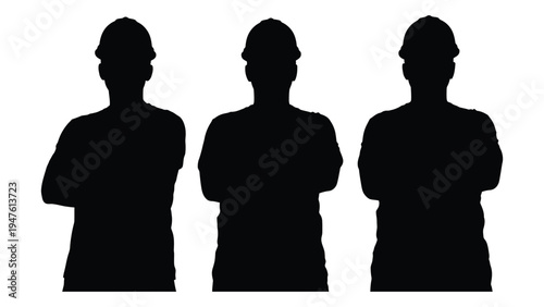 Three black silhouettes of men wearing hard hats