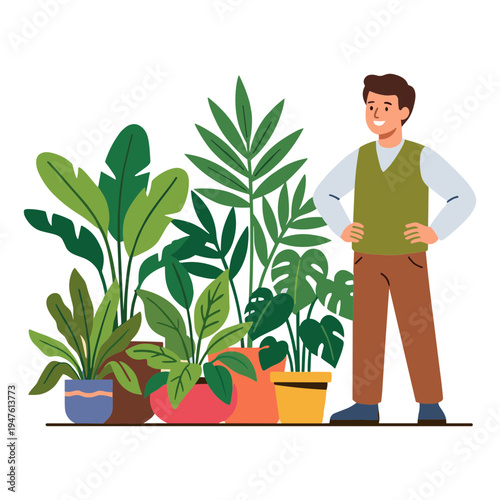 A man stands beside several potted plants in a garden setting.