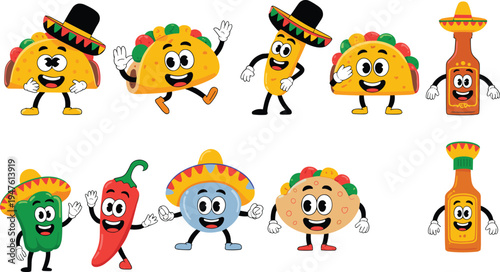 Mexican food mascot character set with taco, burrito, chili pepper, nachos and hot sauce cartoon icons, colorful fiesta vector for restaurant branding design