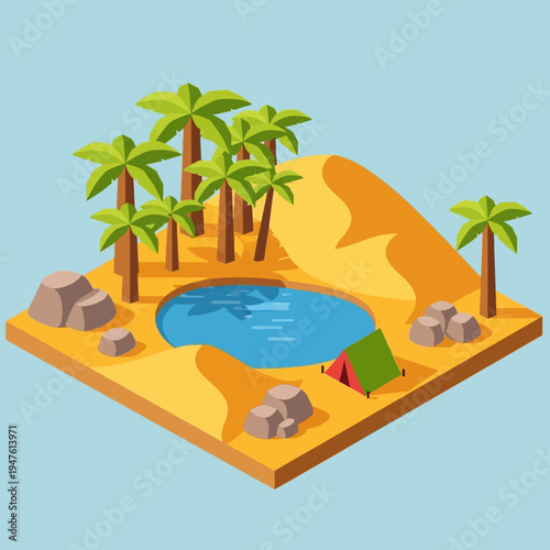 Isometric illustration of a desert oasis with palm trees, a lake, sand dunes, rocks, and a tent.