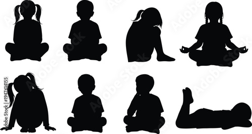 Collection of children silhouettes in various sitting and lying poses on a white background kids lying down