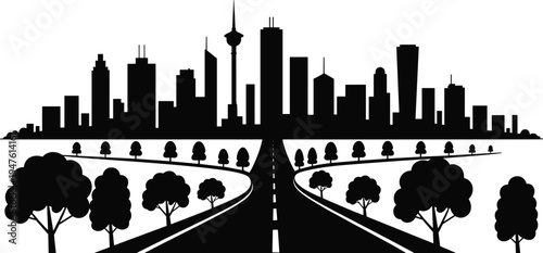 Modern city skyline silhouette with road perspective and urban park trees isolated on white background, metropolitan cityscape vector illustration for travel, architecture and urban design