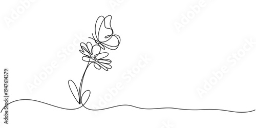 Hand drawn peony flower butterfly vector. One line continuous floral drawing. Cartoon botanical illustration, abstract print, banner, card, doodle, logo, sign, symbol, icon, camomile silhouette.