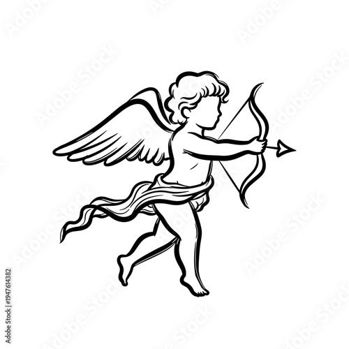 Classic angelic cherub carrying bow and arrow in simple design  
