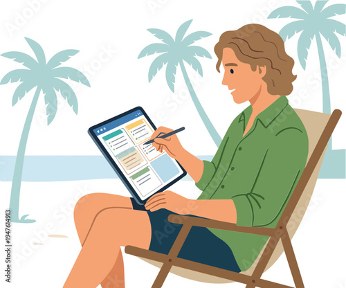 Woman sitting on beach chair working on tablet with palm trees behind