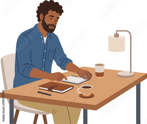 A man sits at a desk writing in a notebook next to a lamp and coffee