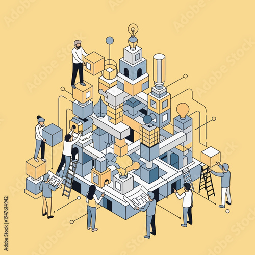 Isometric illustration of people constructing a complex structure with interconnected elements.