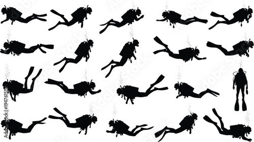 Scuba diver silhouette set with underwater swimming poses, snorkeler icons, deep sea diving silhouettes, aquatic sports vector, and ocean exploration elements.