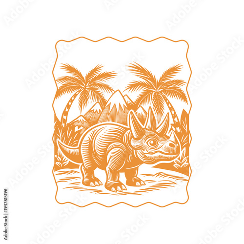 A vintage-style orange illustration of a triceratops dinosaur in a prehistoric landscape with palm trees and mountains.