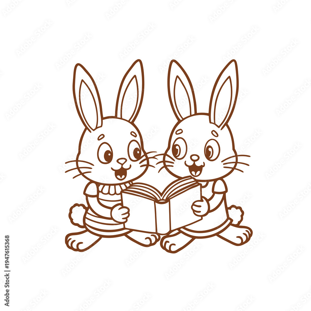 Fototapeta premium Two cute cartoon bunnies happily reading a book together, depicted in a simple brown outline drawing on a white background.
