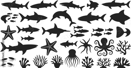 Collection of sea creatures and marine life icons set, featuring sharks, dolphins, octopus, starfish, and coral reefs, vector illustration, isolated.