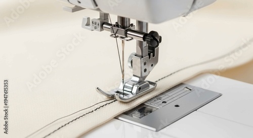 a sewing machine needle stitching beige cloth,Close-up of a modern white sewing machine stitching a straight seam on cream-colored fabric with a focus on the needle and presser foot.