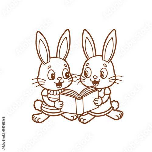 Two cute cartoon bunnies happily reading a book together, depicted in a simple brown outline drawing on a white background.
