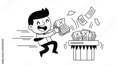 Happy cartoon man quickly shredding documents with a paper shredder, representing data destruction and privacy.