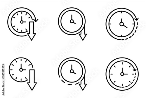 less time icon set, Simple outline style, countdown clock watch timer shows decrease in turn around time concept. Thin line symbol. Isolated design on a white background