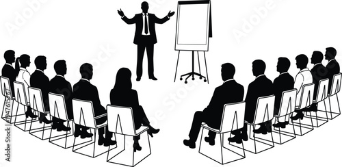 Silhouette of businessman giving presentation to audience group sitting in chairs with flipchart, corporate meeting, seminar, training, workshop, black vector illustration.