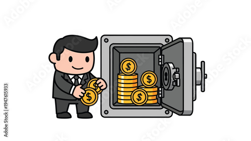 Cartoon businessman saving money in safe box. Financial security, investment, and wealth management concept illustration.
