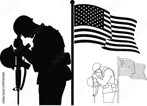 American soldier mourning with flags Vector