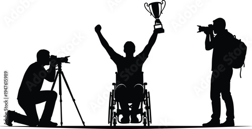 Silhouette of disabled athlete in wheelchair holding trophy celebrating victory with photographers, sports achievement, success, inclusion, black vector on white background.