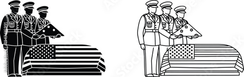 Military funeral honors ceremony with american flag draped caskets Vector