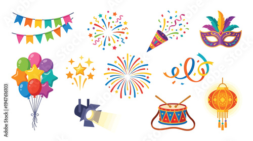 A vibrant collection of festive party and celebration elements, including balloons, fireworks, confetti, banners, a drum, a masquerade mask, and a lantern.