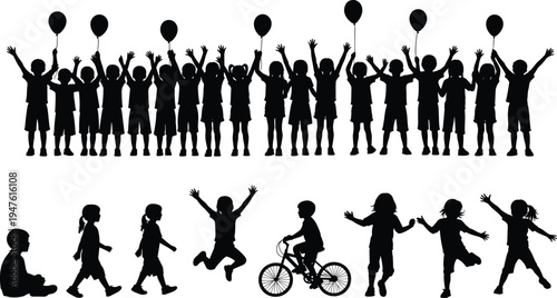 Silhouette of children set playing with balloons jumping and riding bicycle, group of happy kids vector collection, isolated on white background.
