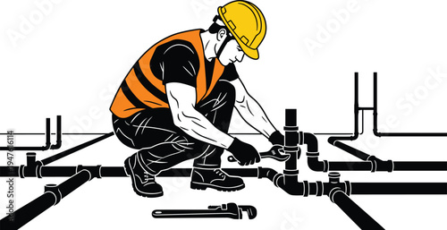 Plumber repairing water pipe system with wrench, professional worker installing plumbing pipeline vector illustration isolated on white background for maintenance and construction services
