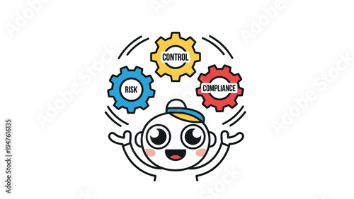 Risk, Control, Compliance Management. Happy cartoon character juggling business strategy gears for effective governance.