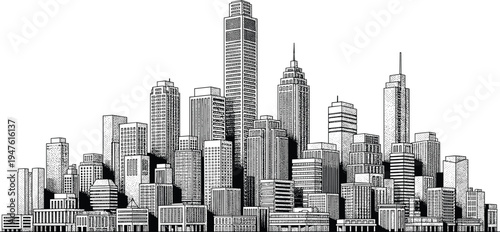 Detailed Black and White Illustration of a Dense City Skyline with Tall Buildings Keywords: city skyline, illustration, black and