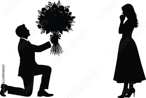 Silhouette of man kneeling and offering large bouquet of flowers to surprised woman, romantic marriage proposal, engagement, love, valentine, vector illustration.