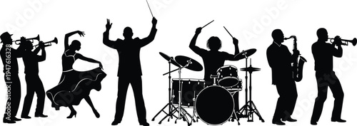 Silhouette of jazz band set with drummer, saxophonist, trumpeter, conductor and dancer performing on stage, musical concert vector on white background.