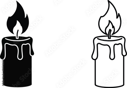 Black and white candles with flames and dripping wax Vector