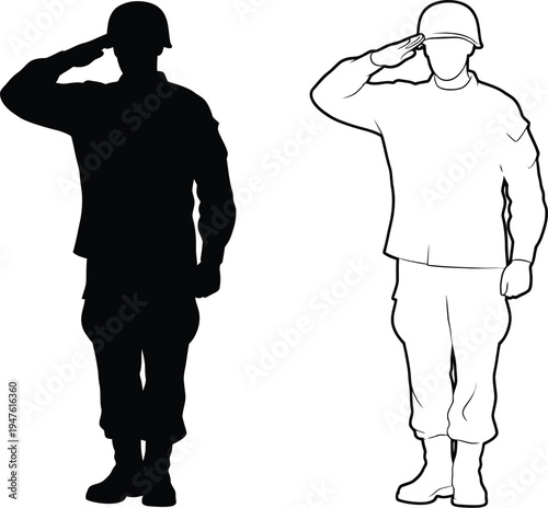 Soldiers saluting in black and white Vector