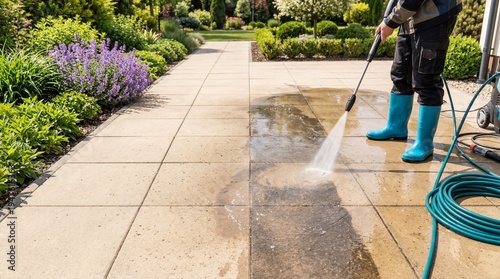 Worker cleaning outdoor stone pavement with high pressure washer and hose. Home maintenance, driveway cleaning, spring cleanup and professional exterior washing service.