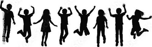 Diverse group of eight children silhouettes jumping joyfully on a white background kids happy