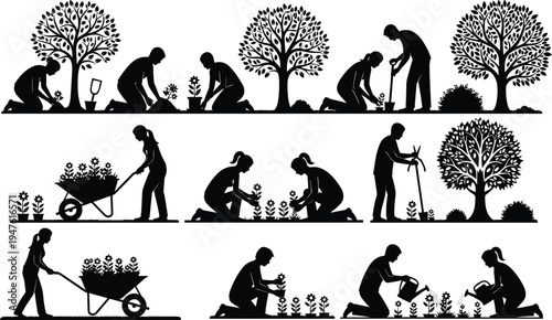 Silhouette of people gardening set planting flowers watering trees and using wheelbarrow, black vector illustration for garden hobby and landscaping.