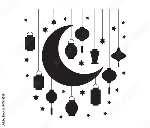 A serene night sky adorned with hanging lanterns and a crescent moon. Vector