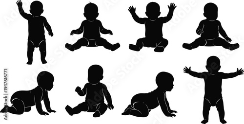 Eight Black Silhouette Baby Poses Standing Sitting Crawling infant child