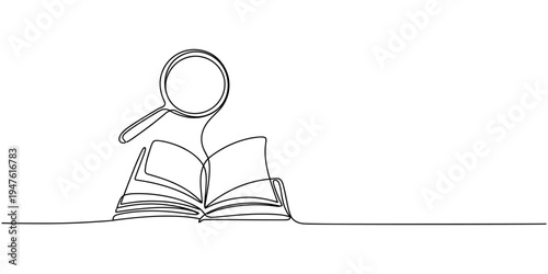 Continuous line drawing of book and magnifying glass, vector illustration, one line, Continuous one line drawing of book and magnifying glass, Vector of searching and education learning, positioned.